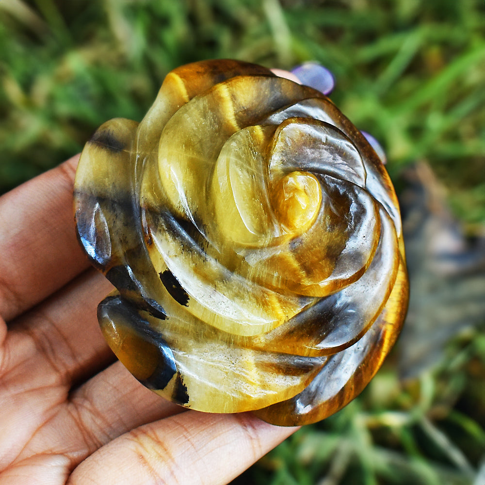Craftsmen  606.00  Carats Genuine  Golden Tiger Eye  Hand Carved  Rose  Gemstone  Carving