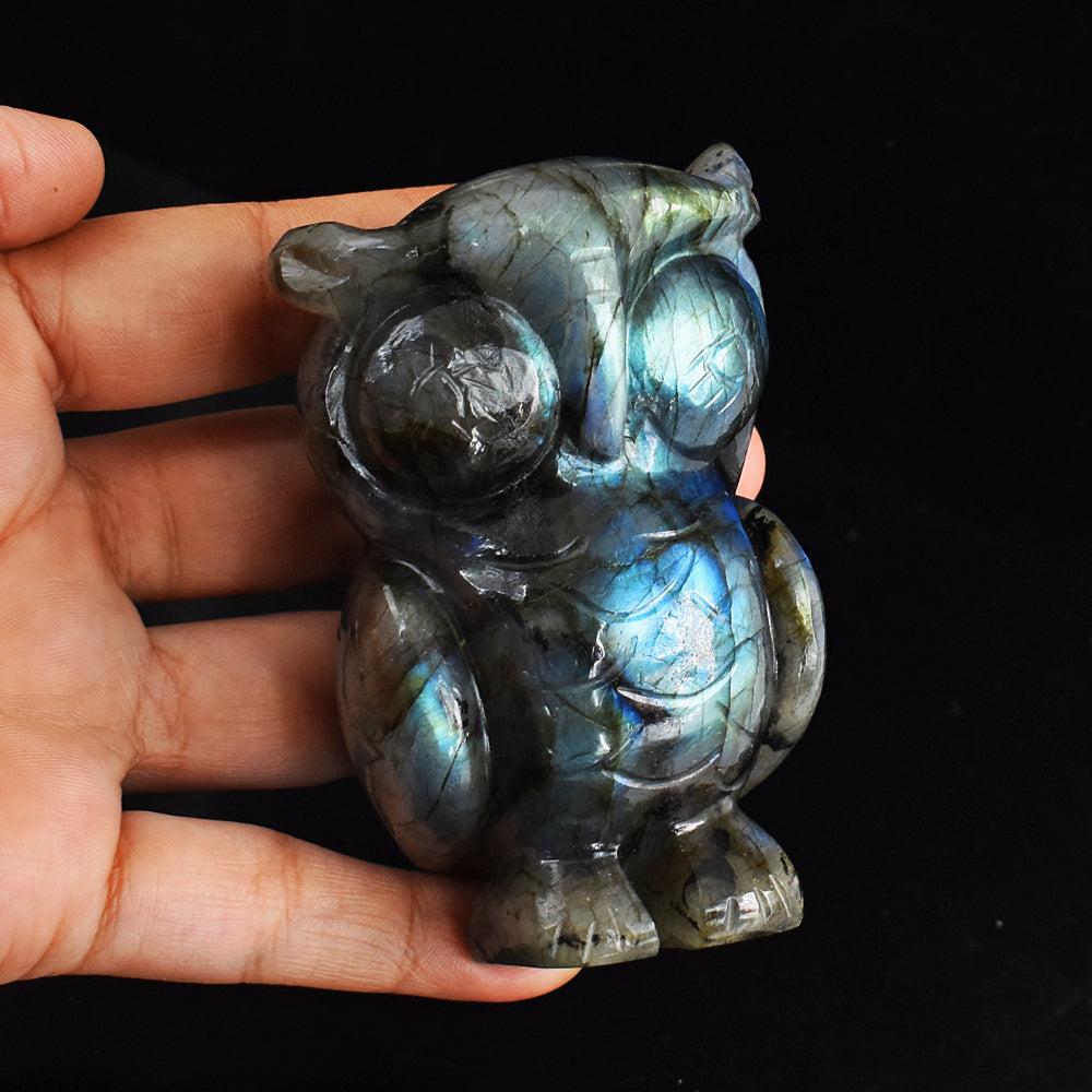 1462.00 Cts Genuine Amazing Flash Labradorite  Hand Carved Crystal Gemstone Owl Carving