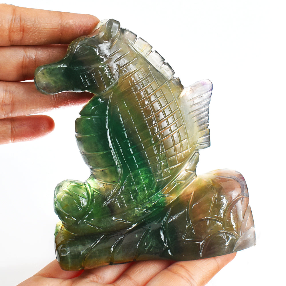Exclusive 3012.00 Cts  Genuine  Multicolor Fluorite Hand Carved  Gemstone Carving Seahorse