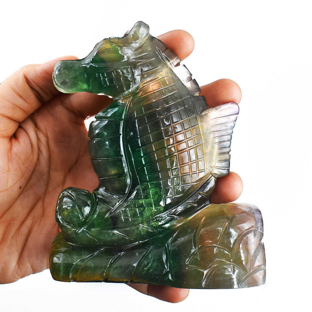 Exclusive 3012.00 Cts  Genuine  Multicolor Fluorite Hand Carved  Gemstone Carving Seahorse