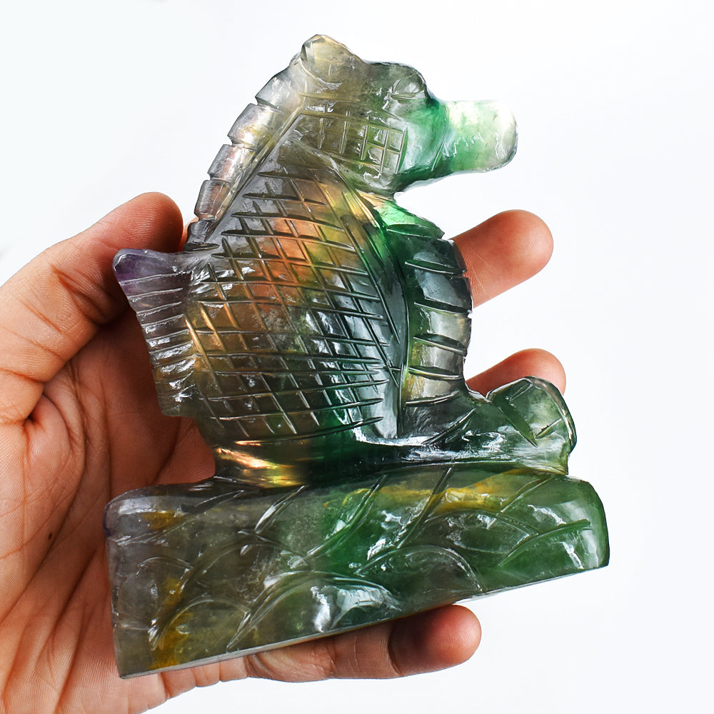 Exclusive 3012.00 Cts  Genuine  Multicolor Fluorite Hand Carved  Gemstone Carving Seahorse