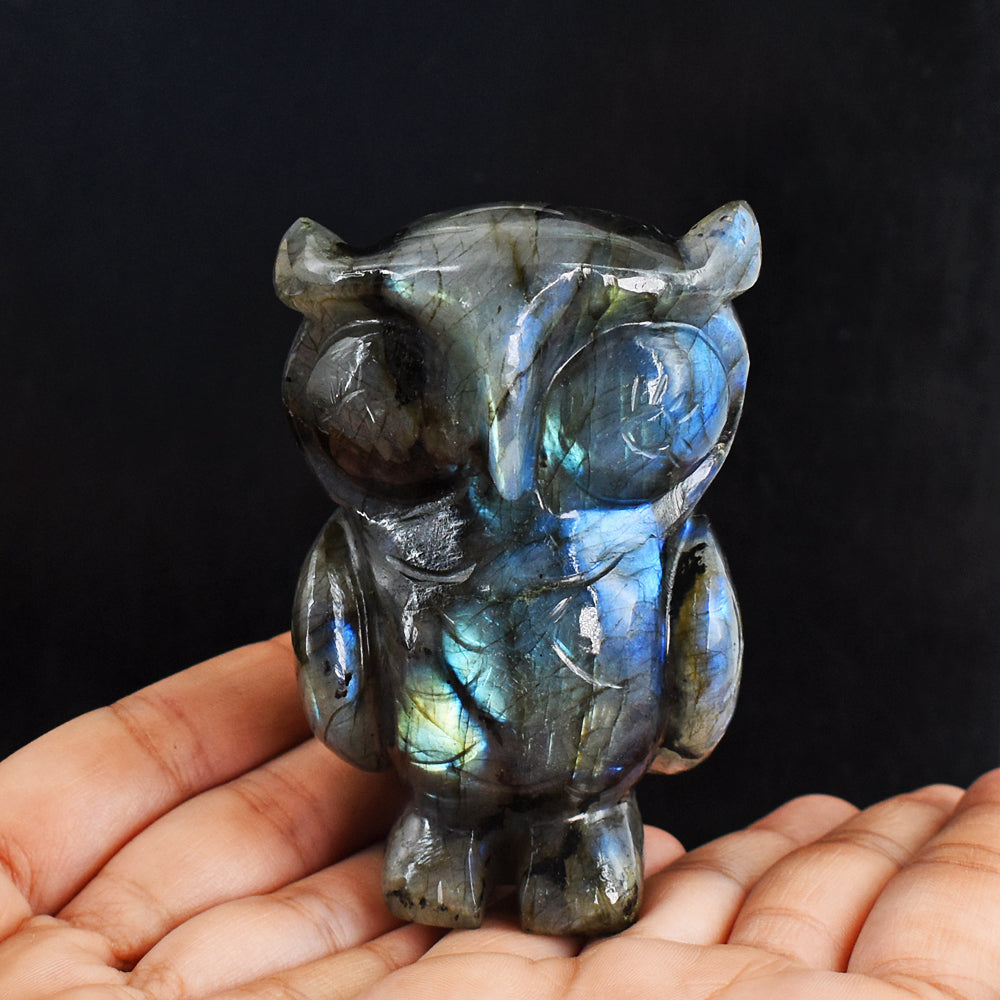 1462.00 Cts Genuine Amazing Flash Labradorite  Hand Carved Crystal Gemstone Owl Carving