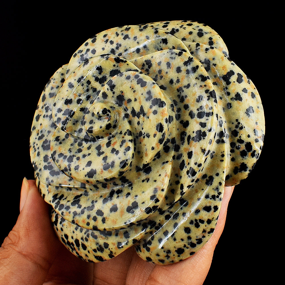 Natural 965.00  Carats Genuine  Dalmation Jasper  Hand  Carved Crystal  Rose  Flower Gemstone Carving