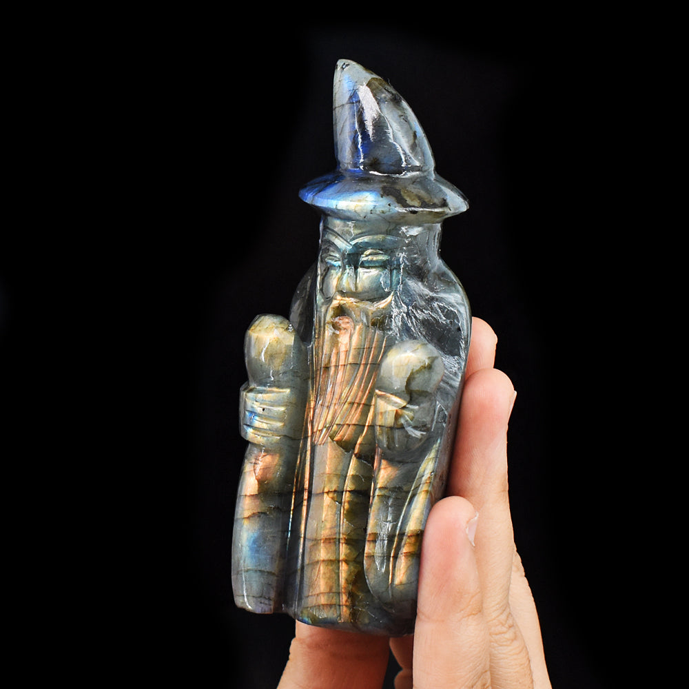 Beautiful  1167.00 Carats Golden & Blue Flash Labradorite  Hand Carved Crystal Gemstone Wizard Carving