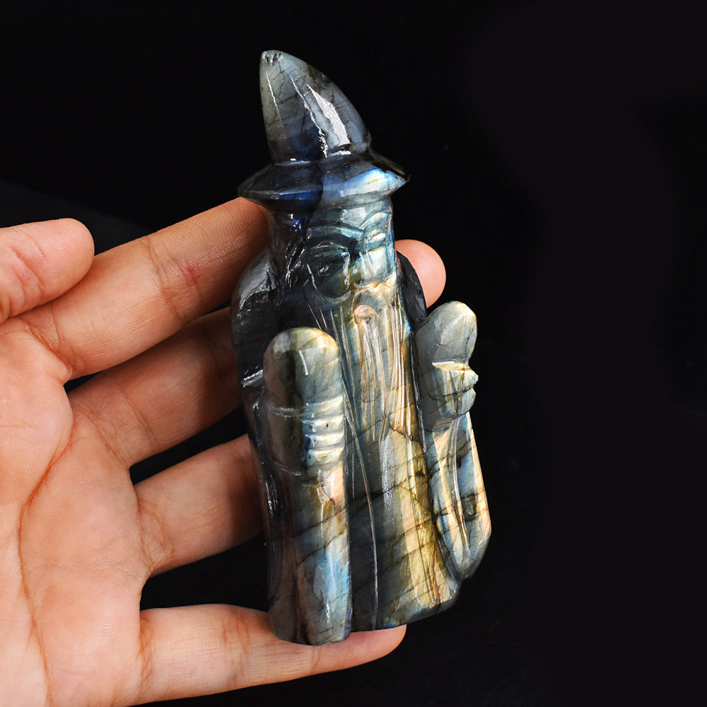Beautiful  1167.00 Carats Golden & Blue Flash Labradorite  Hand Carved Crystal Gemstone Wizard Carving