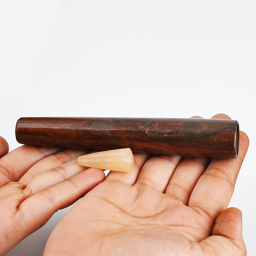 Exclusive 352.00 Cts Genuine Iron Tiger Eye Hand Carved Crystal Gemstone Carving Smoking Pipe