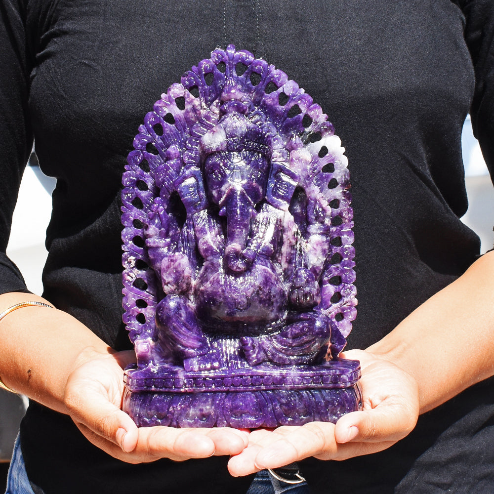 Awesome 9970.00 Cts Genuine Lepidolite Hand Carved Crystal Gemstone Lord Ganesha Carving