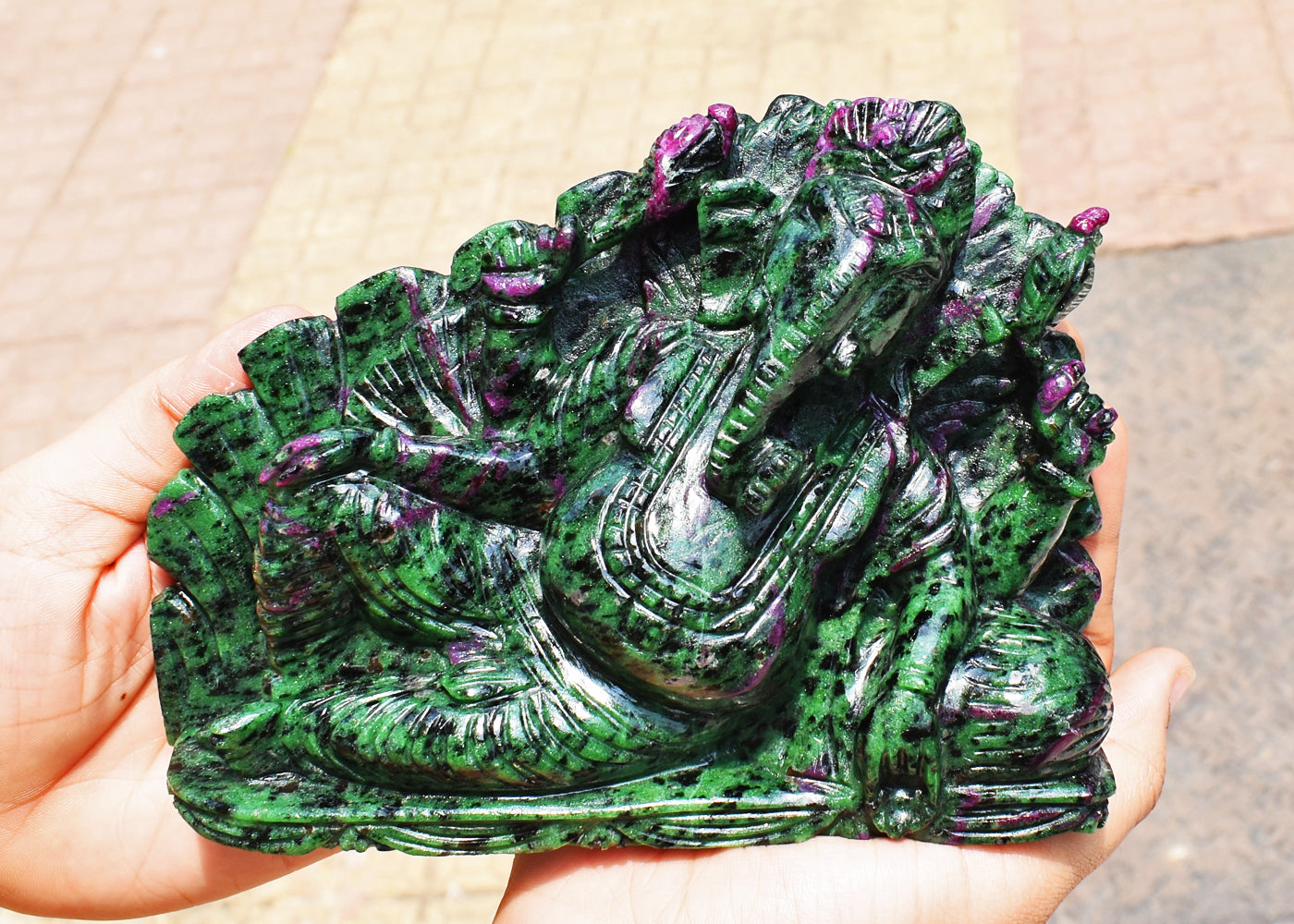 Amazing 7950.00 Cts Genuine Ruby Zoisite Hand Carved Crystal Gemstone Lord Ganesha Carving