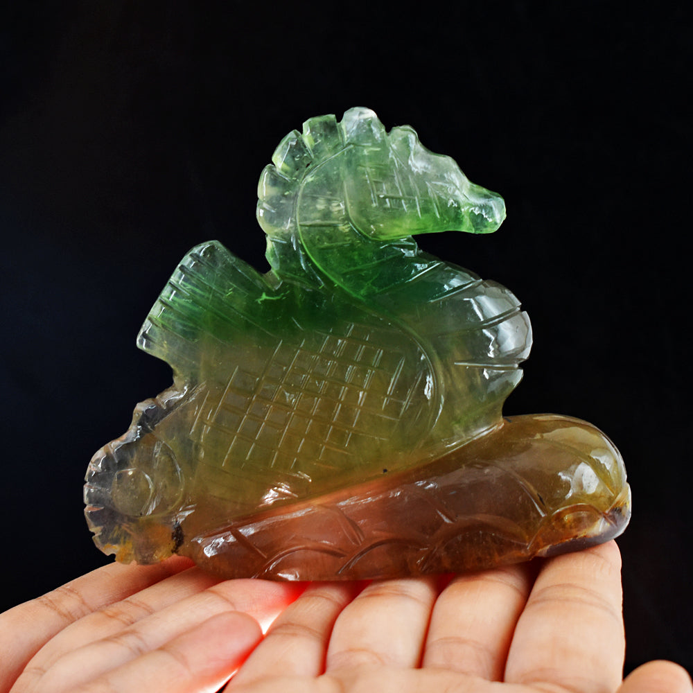 Amazing 1979.00 Cts Genuine Multicolor Fluorite  Hand Carved Crystal Gemstone Seahorse Carving