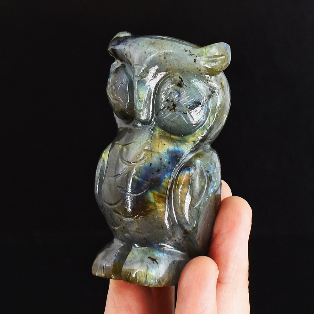 Exclusive 649.00 Carats  Genuine  Golden & Blue Flash Labradorite Hand Carved Crystal  Owl Carving