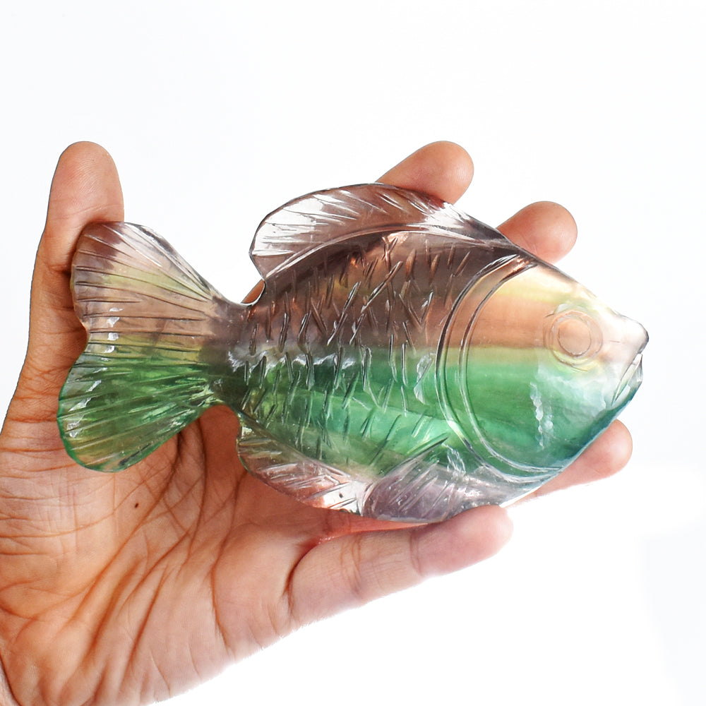 Amazing  1824.00 Carats Genuine  Multicolor  Fluorite  Hand  Carved  Crystal  Gemstone Fish  Carving