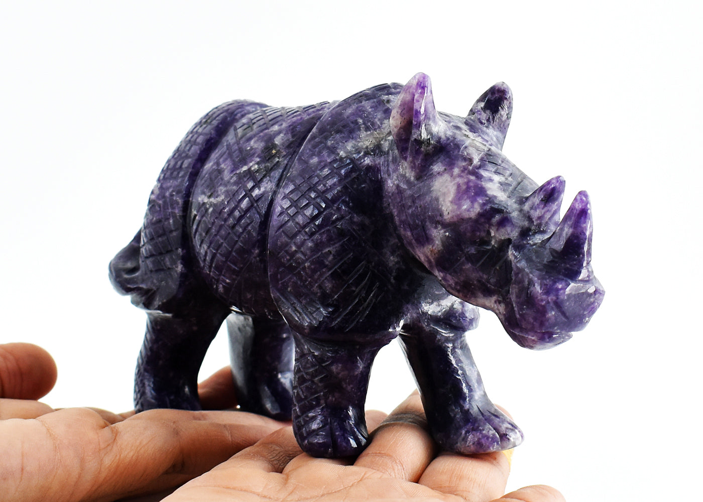 Exclusive 4514.00  Cts Genuine Lepidolite Hand Carved Crystal Rhinoceros Gemstone Carving