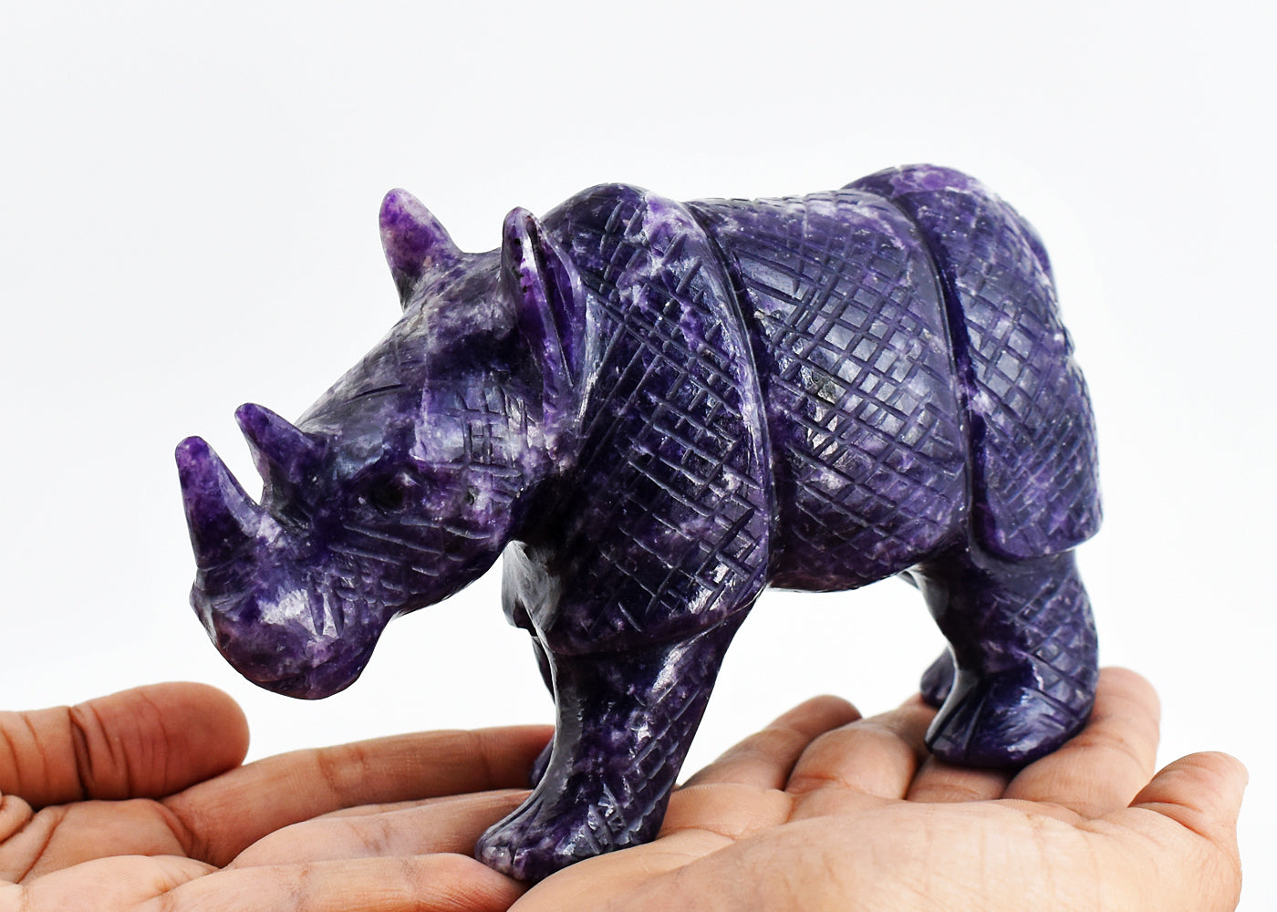 Exclusive 4514.00  Cts Genuine Lepidolite Hand Carved Crystal Rhinoceros Gemstone Carving