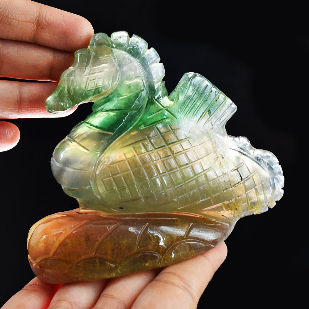Amazing 1979.00 Cts Genuine Multicolor Fluorite  Hand Carved Crystal Gemstone Seahorse Carving