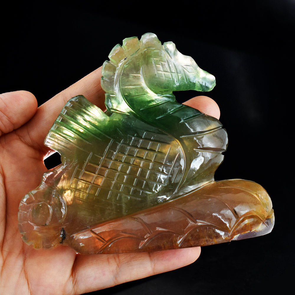Amazing 1979.00 Cts Genuine Multicolor Fluorite  Hand Carved Crystal Gemstone Seahorse Carving