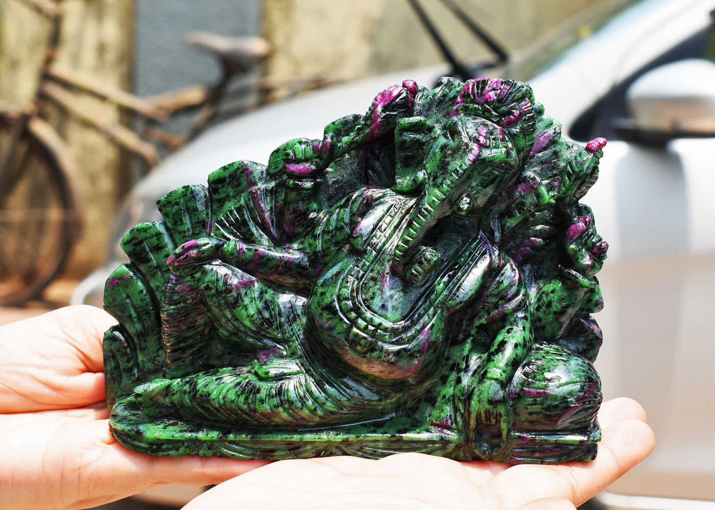 Amazing 7950.00 Cts Genuine Ruby Zoisite Hand Carved Crystal Gemstone Lord Ganesha Carving