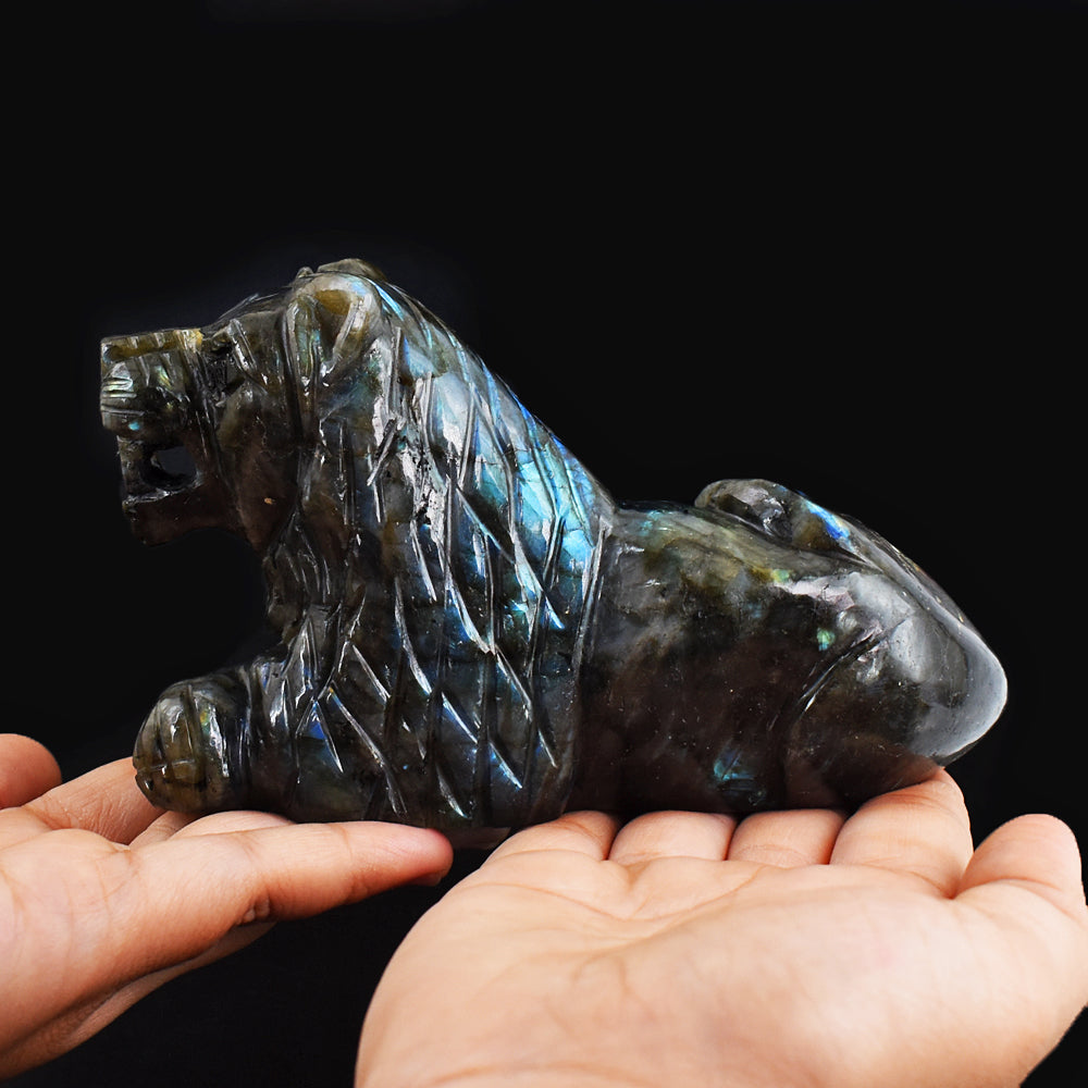 Amazing Flash Labradorite  3950.00 Cts  Genuine Hand Carved Crystal Gemstone Lion  Carving