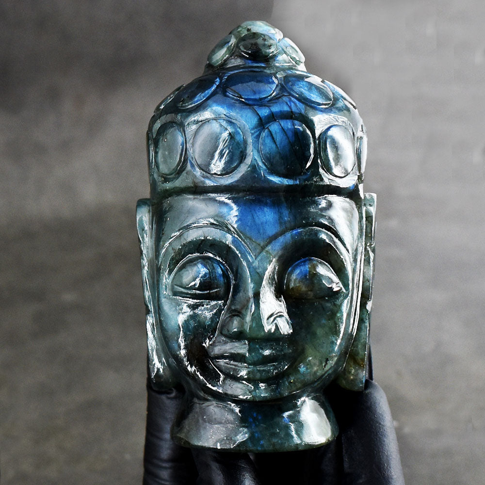 Amazing 1724.00 Cts Genuine Blue Flash Labradorite Hand Carved Crystal Gemstone Buddha Head Carving