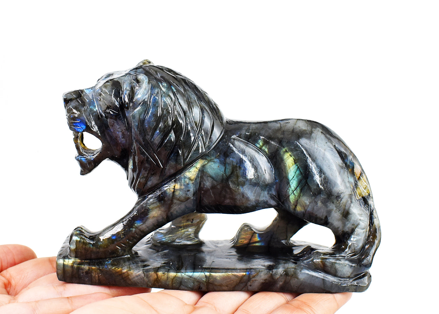 Exclusive 4350.00 Cts  Genuine Amazing Flash Labradorite Hand Carved Crystal Gemstone Lion  Carving