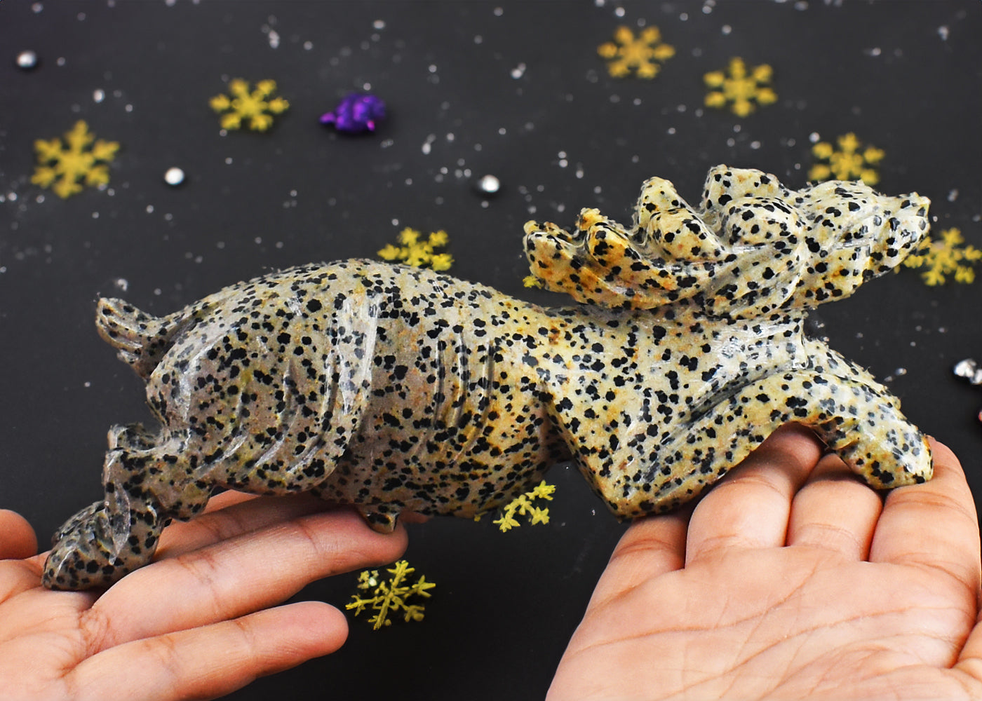 Gorgeous 2165.00 Cts Genuine Dalmation Jasper Hand Carved Crystal Deer Gemstone  Carving
