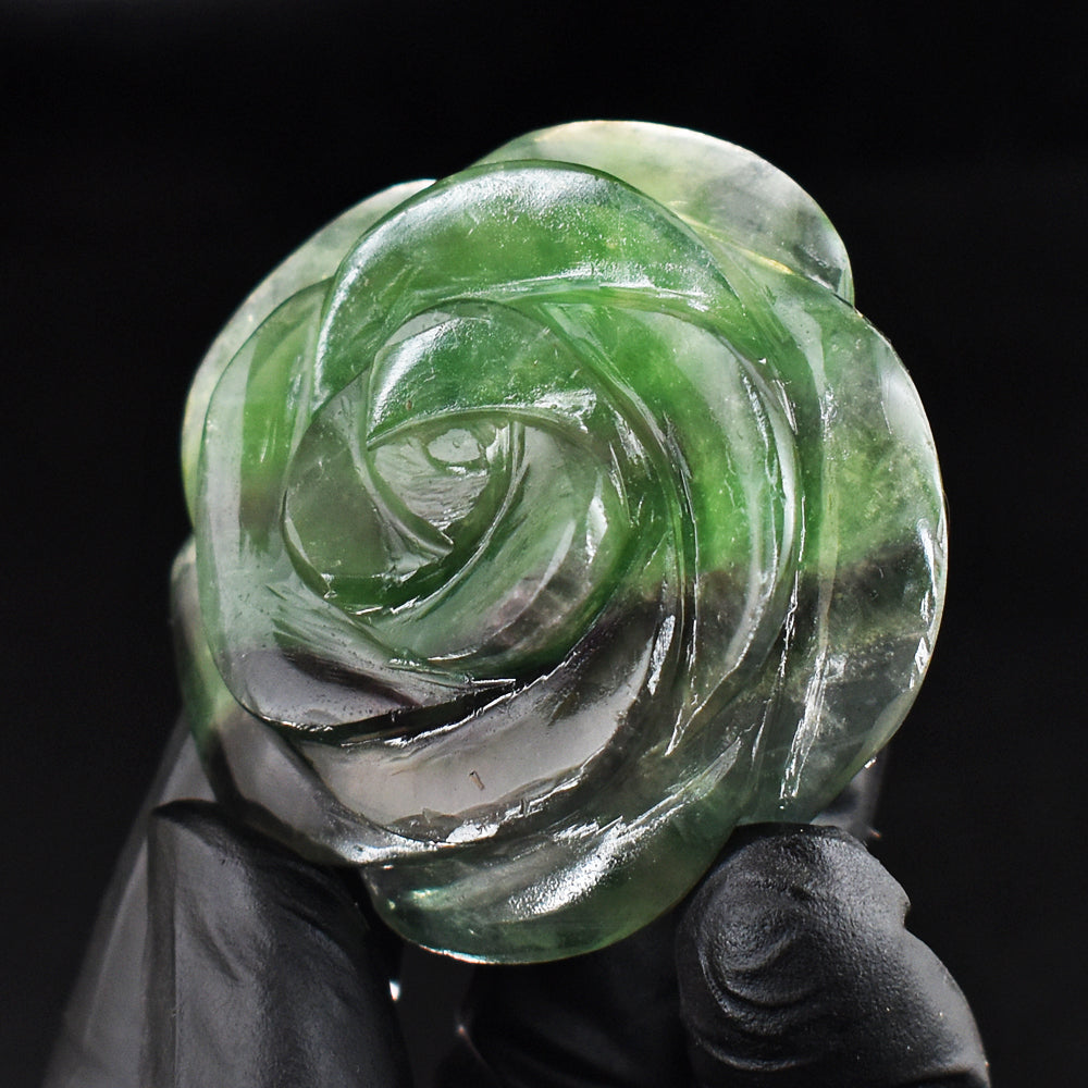 Exclusive 360.00 Cts Genuine Multicolor Fluorite Carved Crystal Gemstone Rose Carving