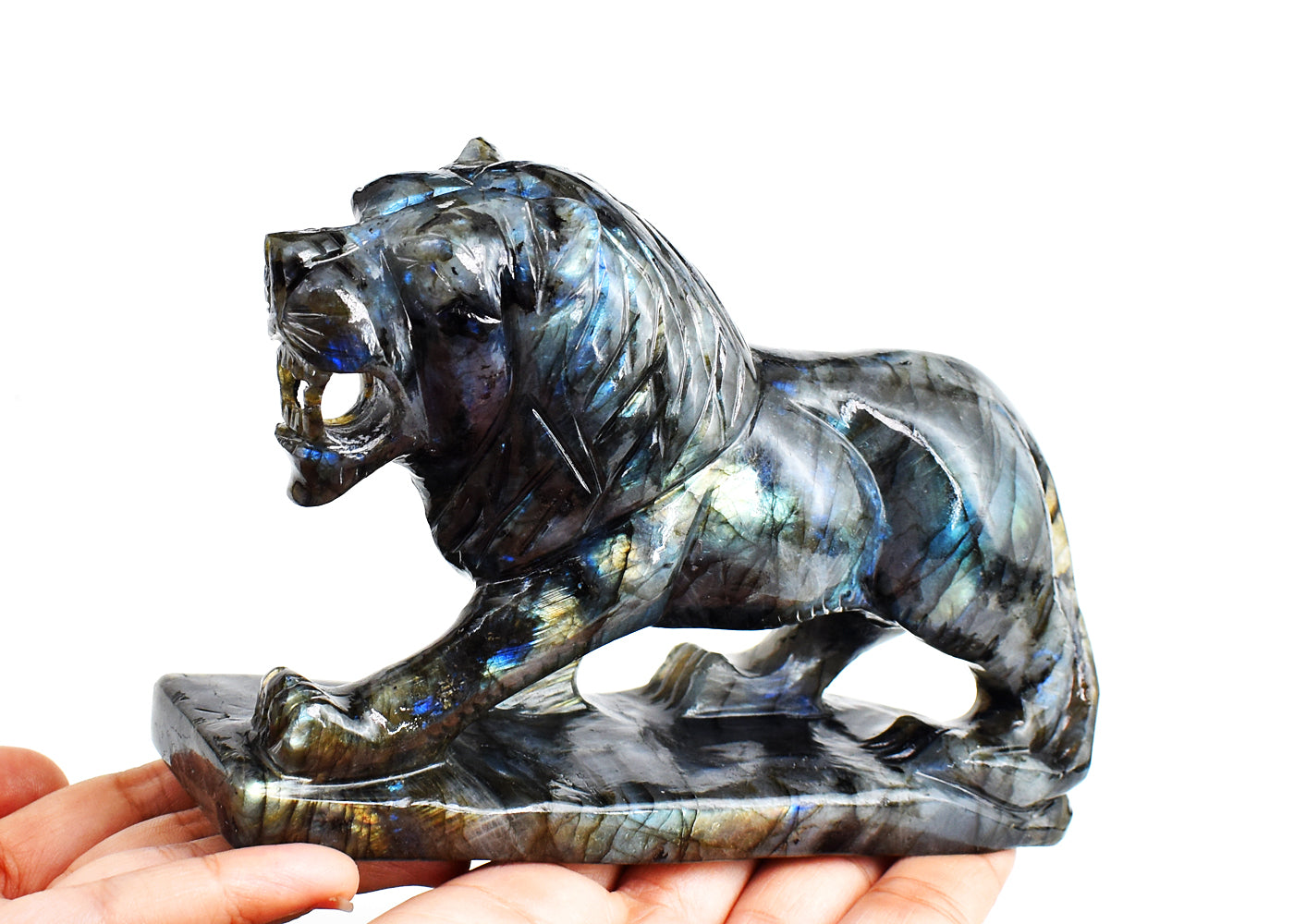 Exclusive 4350.00 Cts  Genuine Amazing Flash Labradorite Hand Carved Crystal Gemstone Lion  Carving