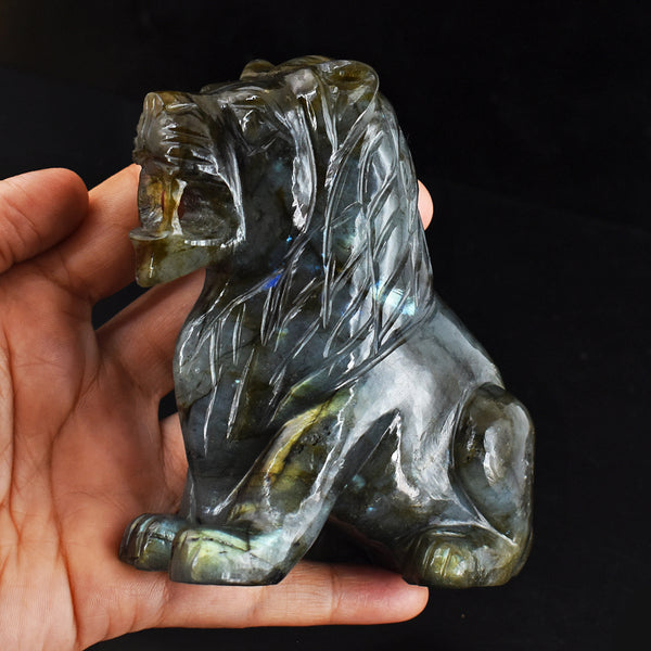 Golden & Blue Flash Labradorite  2725.00 Cts Genuine  Hand Carved Crystal Gemstone Lion Carving