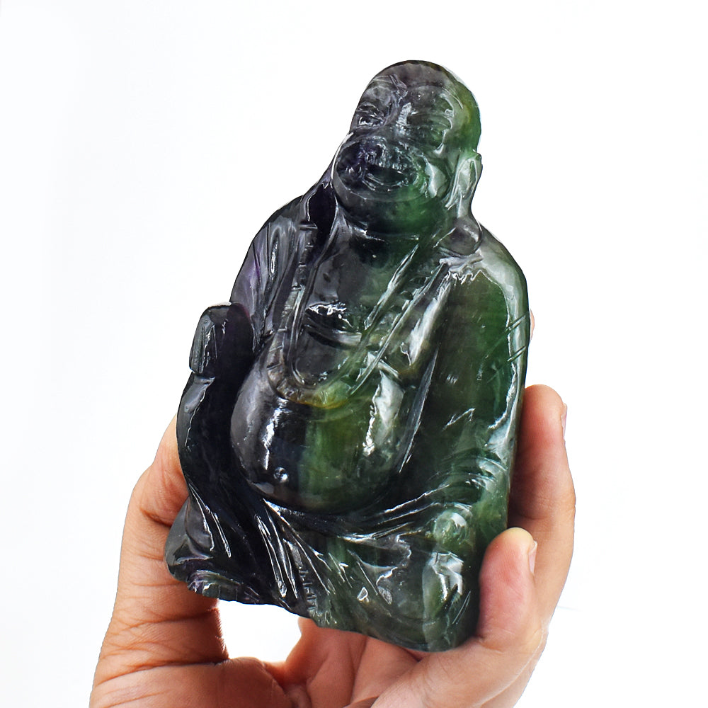 Amazing 2356.00 Cts Genuine Multicolor Fluorite Hand Carved Crystal Gemstone Carving Laughing Buddha