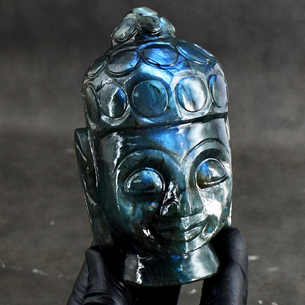 Amazing 1724.00 Cts Genuine Blue Flash Labradorite Hand Carved Crystal Gemstone Buddha Head Carving