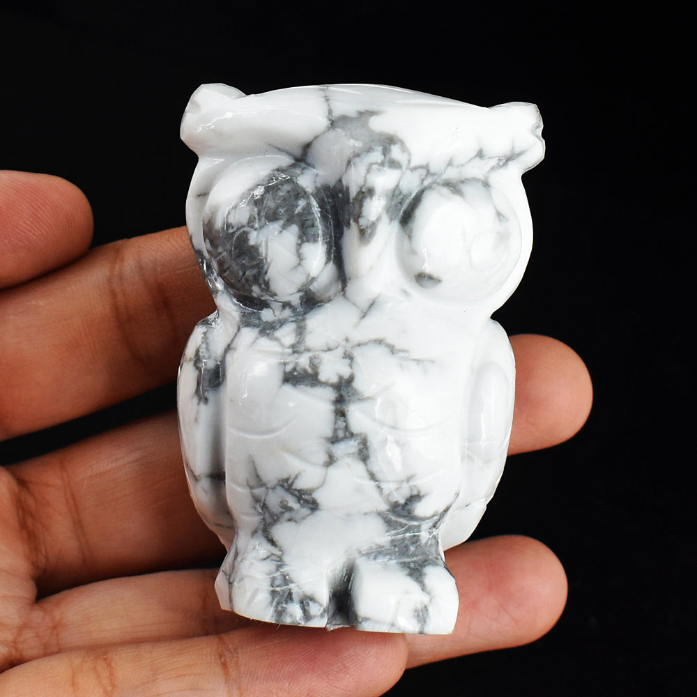 Beautiful  816.00  Carats  Genuine  Howlite  Hand  Carved  Crystal  Gemstone  Owl  Carving