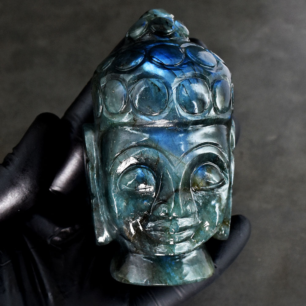 Amazing 1724.00 Cts Genuine Blue Flash Labradorite Hand Carved Crystal Gemstone Buddha Head Carving