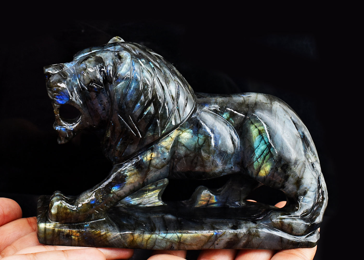 Exclusive 4350.00 Cts  Genuine Amazing Flash Labradorite Hand Carved Crystal Gemstone Lion  Carving