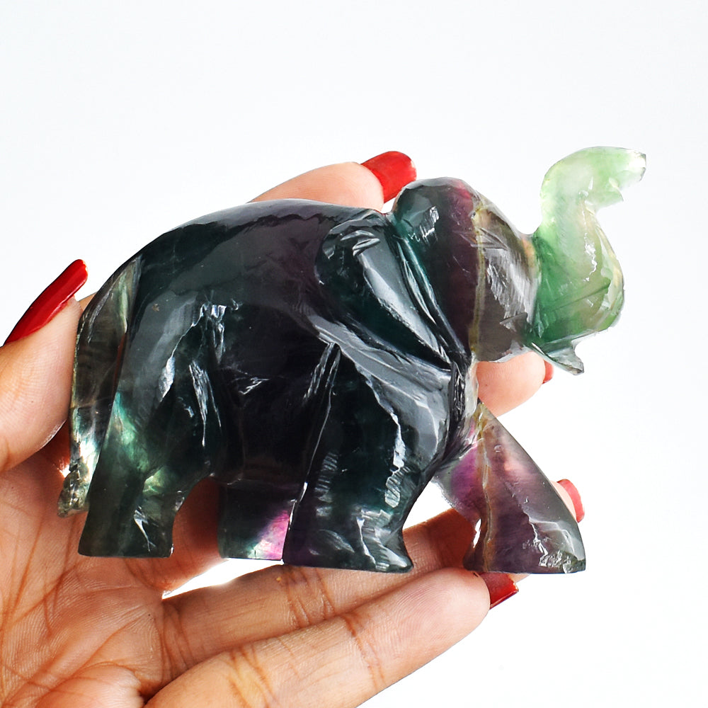 Craftsmen 973.00 Cts  Multicolor Fluorite Hand Carved Genuine Crystal Gemstone Carving Elephant