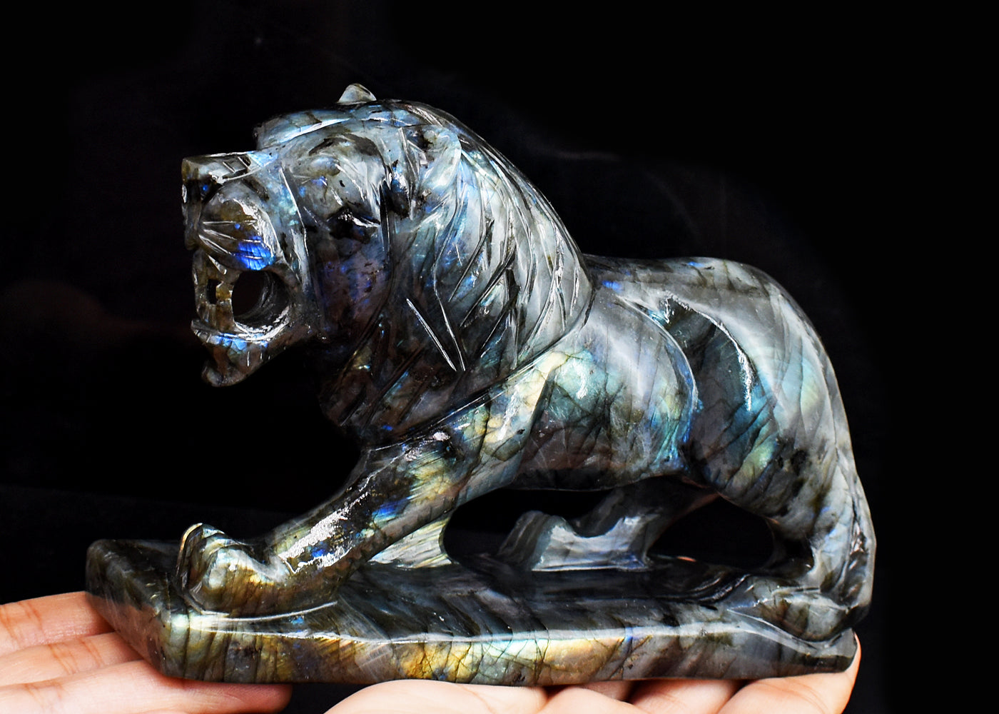Exclusive 4350.00 Cts  Genuine Amazing Flash Labradorite Hand Carved Crystal Gemstone Lion  Carving