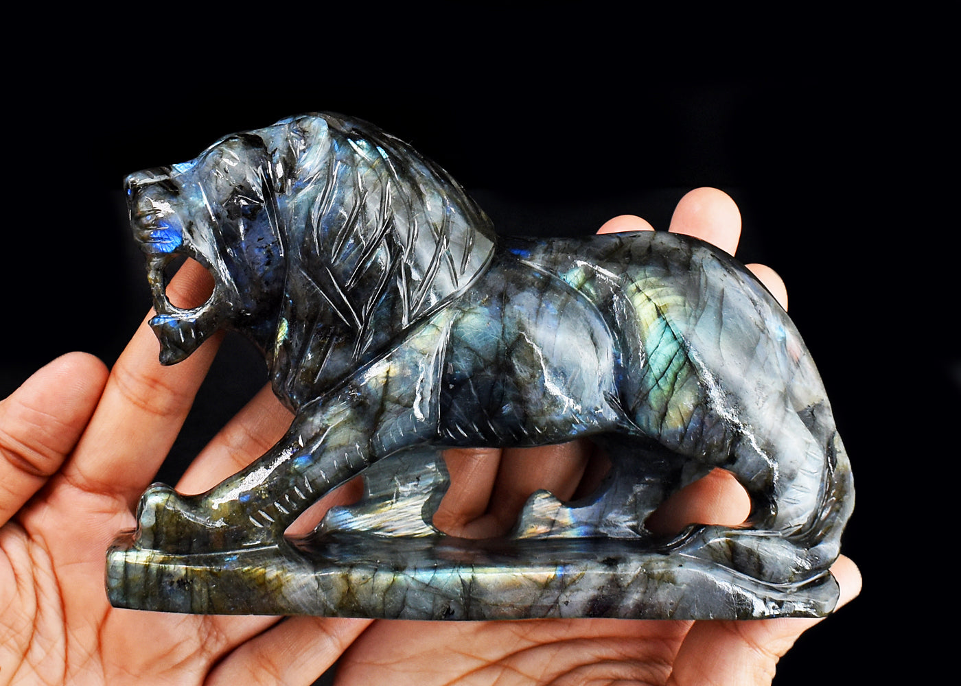 Exclusive 4350.00 Cts  Genuine Amazing Flash Labradorite Hand Carved Crystal Gemstone Lion  Carving