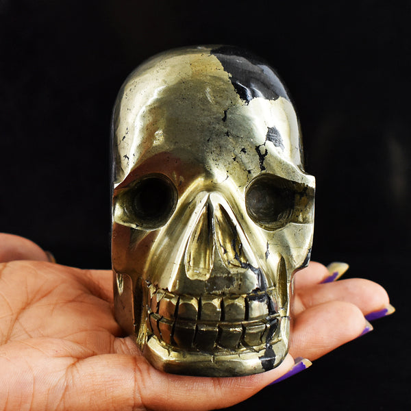 Artisian  3116.00 Carats Genuine  Golden  Pyrite  Hand  Carved  Skull  Gemstone  Carving