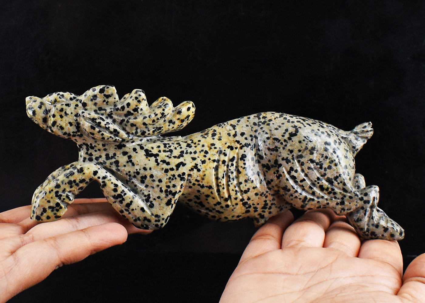 Gorgeous 2165.00 Cts Genuine Dalmation Jasper Hand Carved Crystal Deer Gemstone  Carving