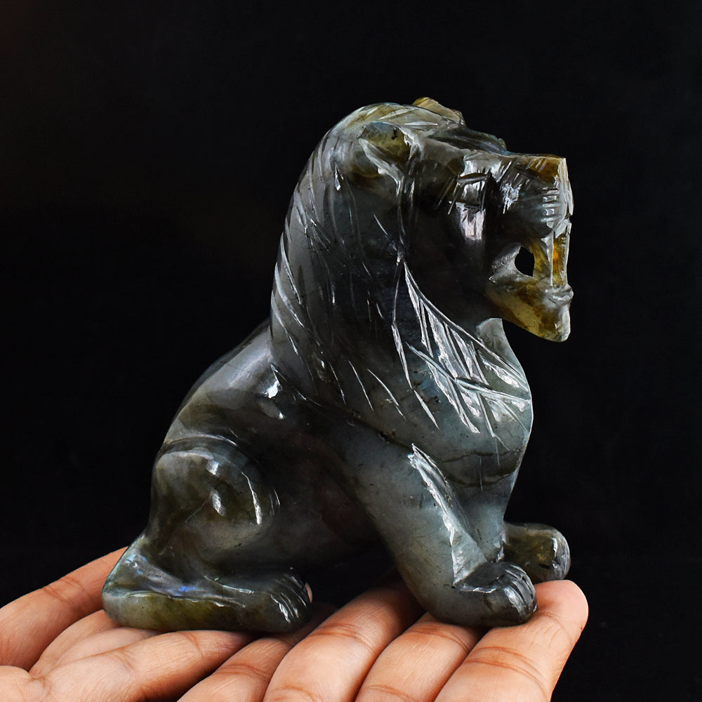 Golden & Blue Flash Labradorite  2725.00 Cts Genuine  Hand Carved Crystal Gemstone Lion Carving