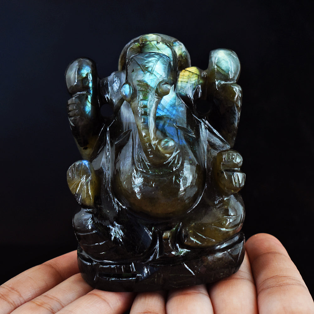 Artisian 2206.00 Cts  Genuine  Amazing Flash Labradorite Hand Carved Crystal Gemstone Lord Ganesha Carving