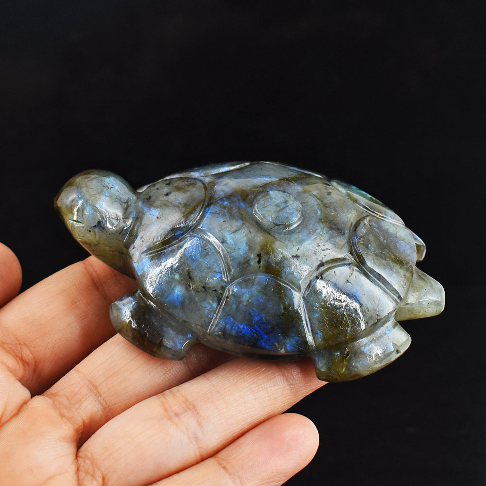 Beautiful 672.00 Carats  Genuine Blue Flash Labradorite  Hand Carved  Crystal Turtle Carving