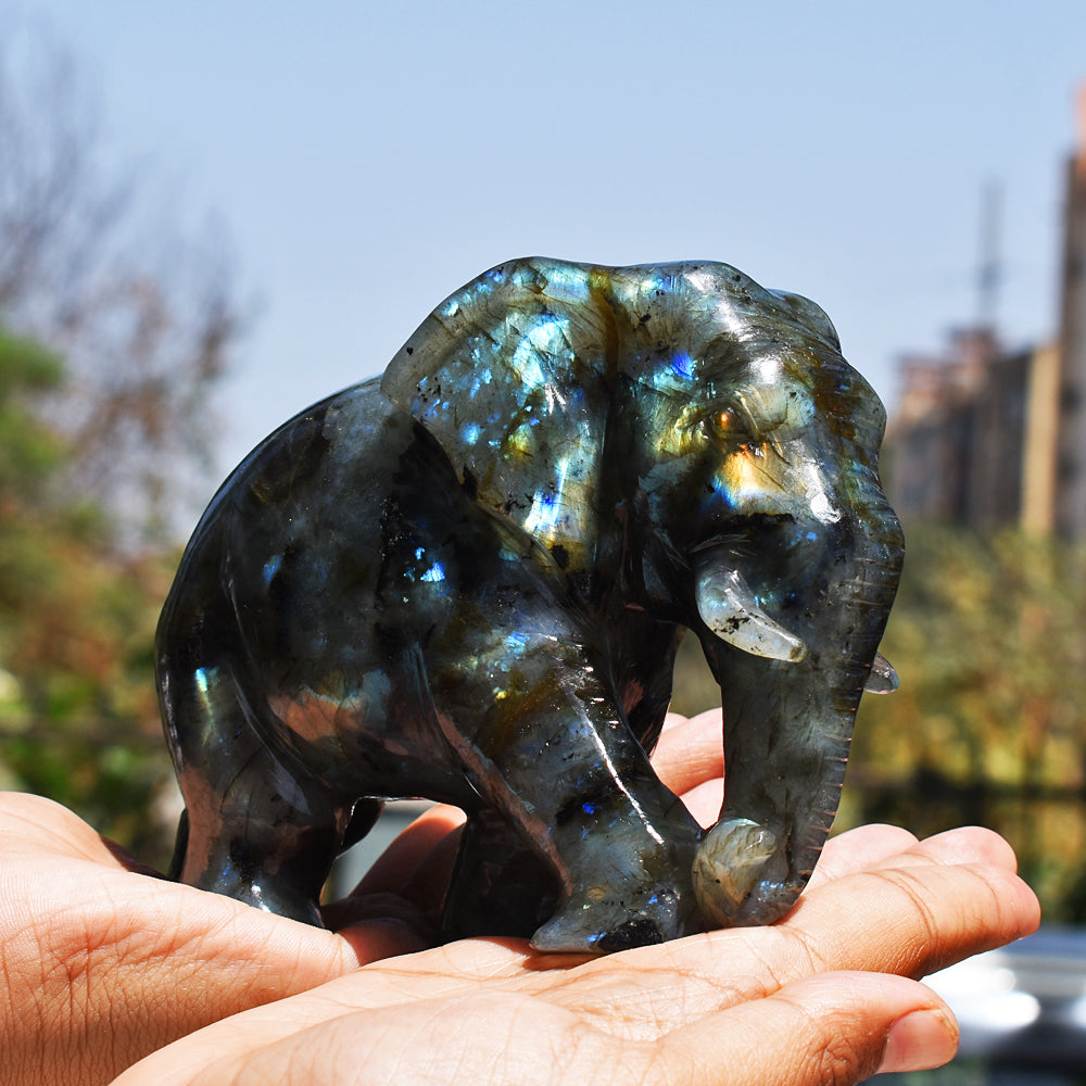 Stunning 4238.00 Cts Genuine Amazing Flash Labradorite Hand Carved Crystal Gemstone Elephant Carving