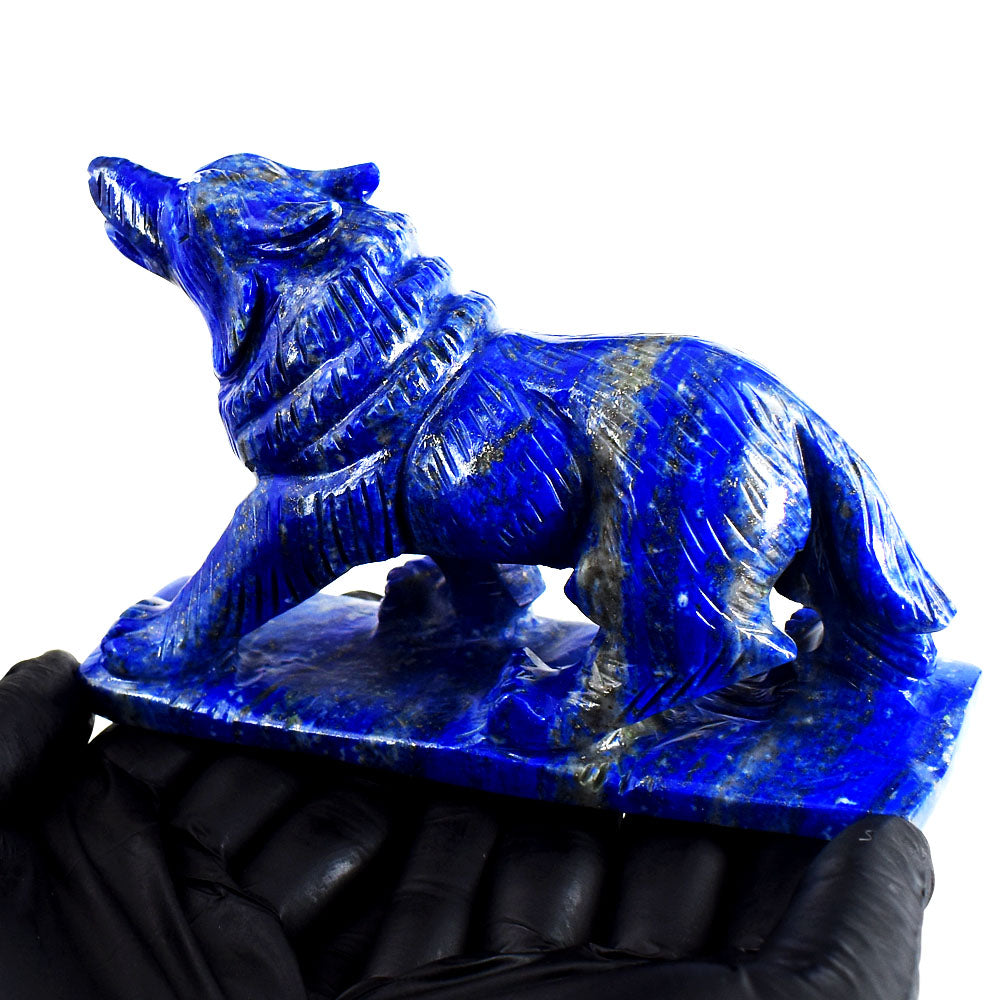 Stunning 2541.00 Cts Genuine Lapis Lazuli Hand Carved Crystal Gemstone Wolf Carving