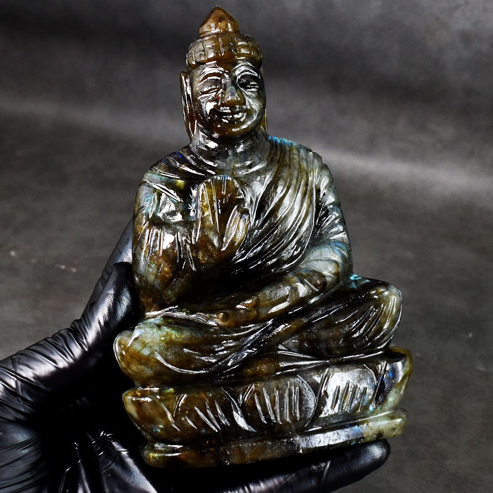 Artisian 1799.00 Cts Genuine Blue Flash Labradorite Hand Carved Gemstone Buddha Idol Crystal Carving