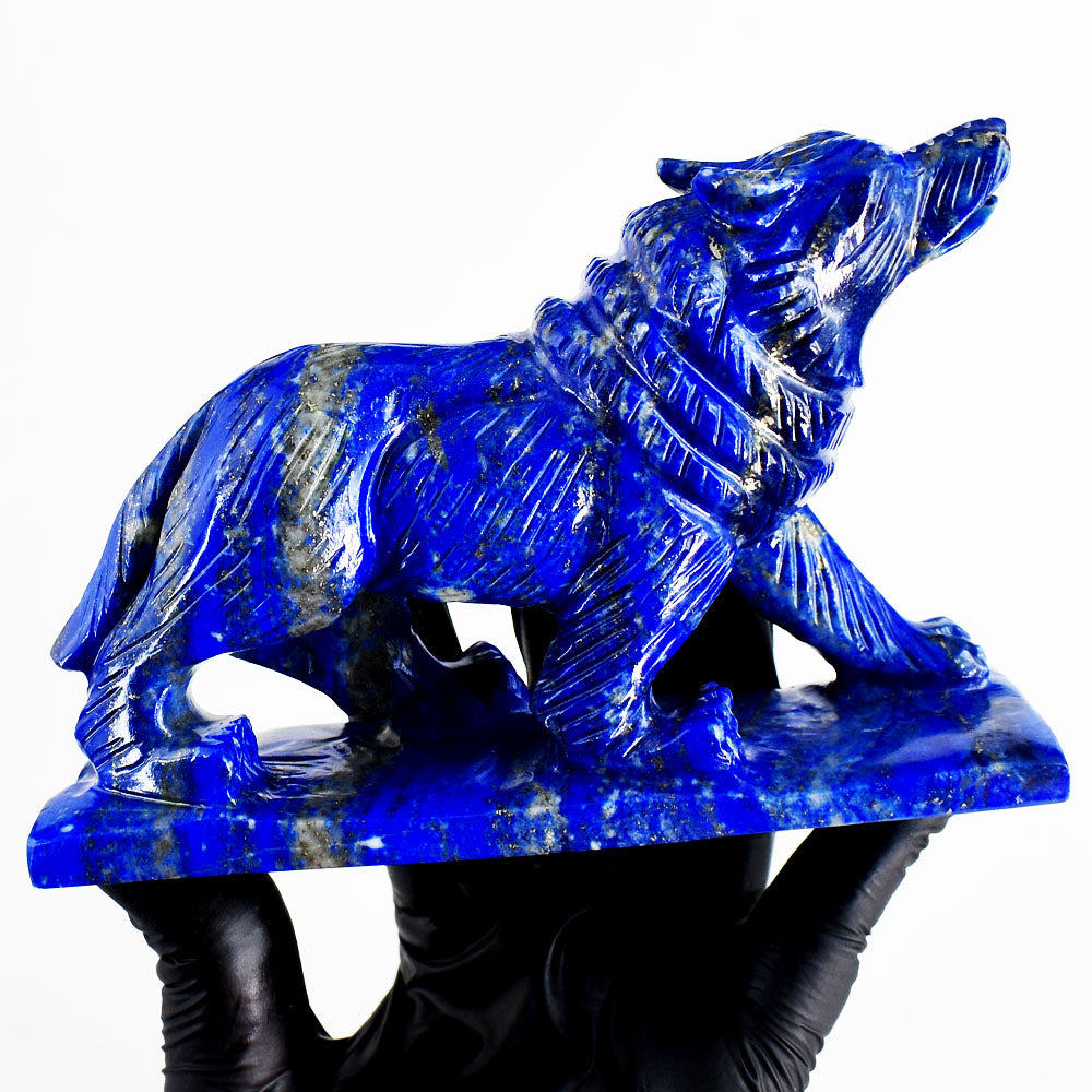 Stunning 2541.00 Cts Genuine Lapis Lazuli Hand Carved Crystal Gemstone Wolf Carving