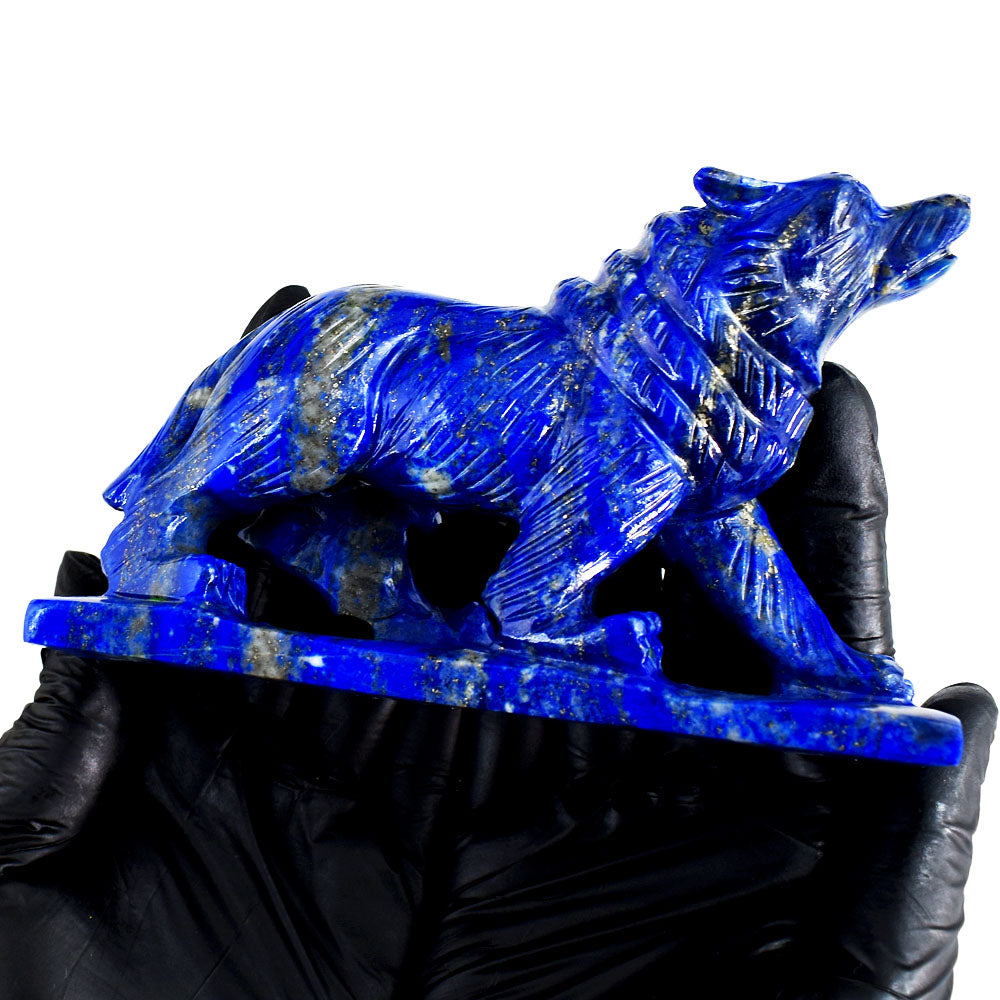 Stunning 2541.00 Cts Genuine Lapis Lazuli Hand Carved Crystal Gemstone Wolf Carving