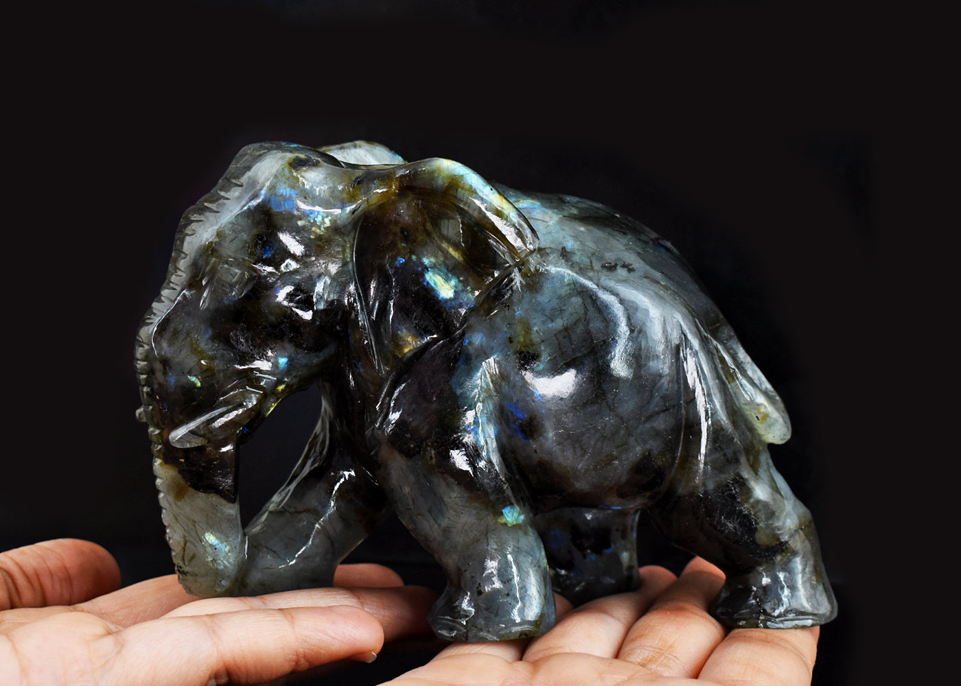 Stunning 4238.00 Cts Genuine Amazing Flash Labradorite Hand Carved Crystal Gemstone Elephant Carving