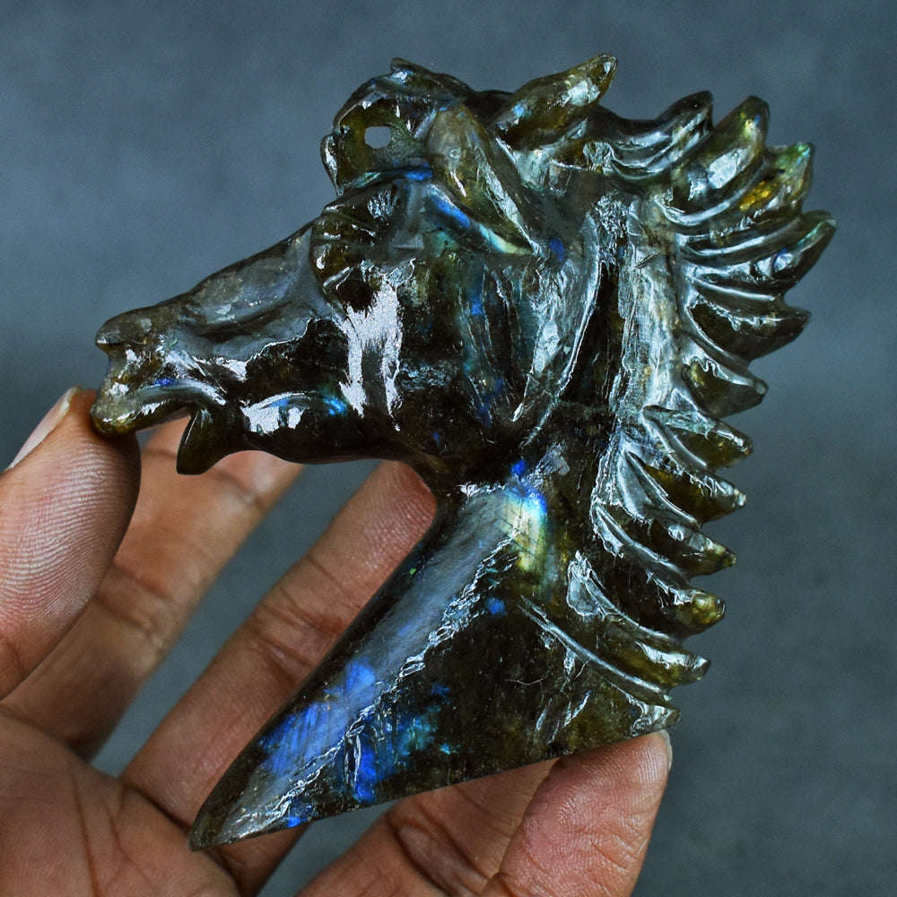 gemsmore:551.00  Carats  Genuine Blue  Flash  Labradorite  Hand  Carved  Horse Gemstone Carving