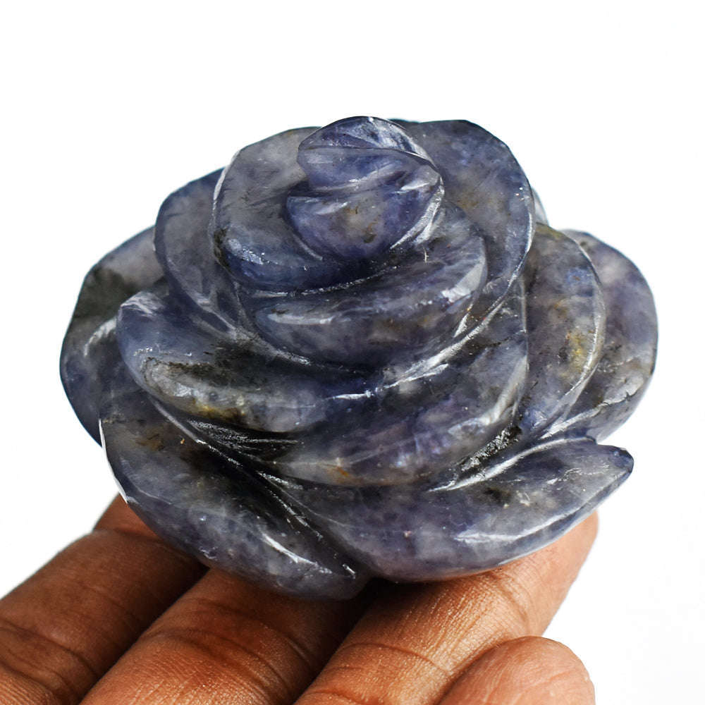 gemsmore:554.00 Cts Genuine  Hand Carved Blue Iolite Flower  Rose  Gemstone  Carving