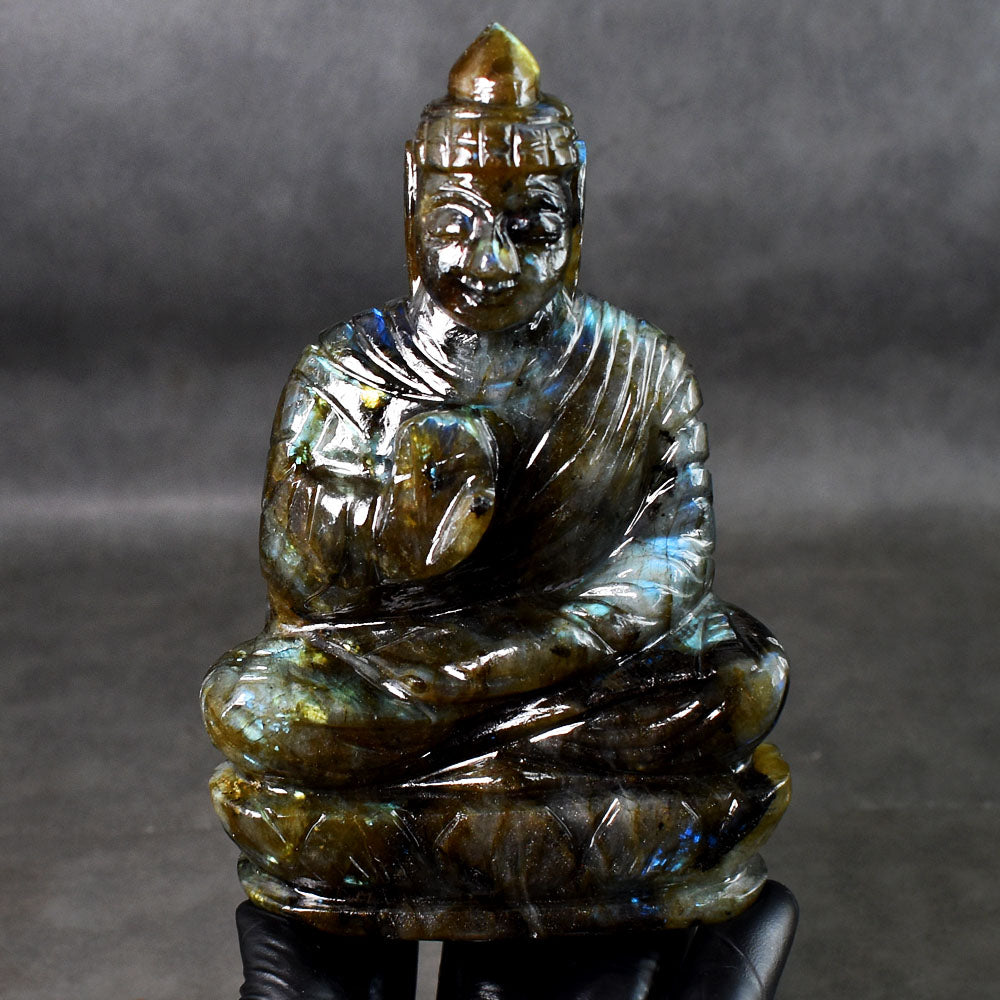 Artisian 1799.00 Cts Genuine Blue Flash Labradorite Hand Carved Gemstone Buddha Idol Crystal Carving