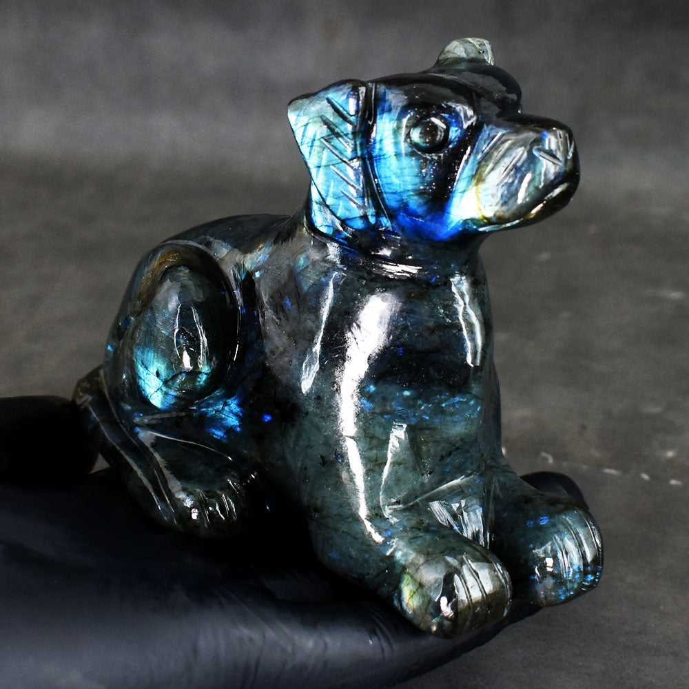 Exclusive 2300.00 Cts Genuine Blue Flash Labradorite Hand Carved Gemstone Dog Crystal Carving